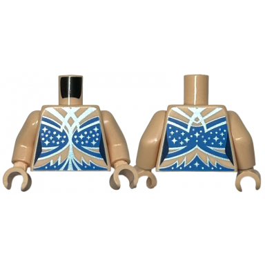 light nougat torso female blue bikini bra top with metallic light blue lines shapes and sparkles and white dots pattern light nougat arms light nougat hands