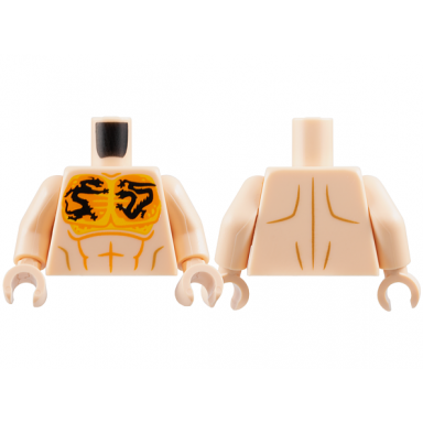 light nougat torso bare chest orange bright light orange and black dragon tattoos medium nougat muscle contours pattern light nougat arms light nougat hands