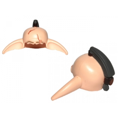 light nougat minifigure headgear head top sw lennik skull top with long ears with dark bluish gray top knot hair and scars pattern sw even piell