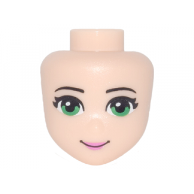light nougat mini doll head friends with thin black eyebrows green eyes dark pink lips and closed mouth smile pattern