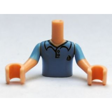 light nougat torso mini doll boy bright light blue polo shirt dark blue sailboat pattern light nougat arms with hands with bright light blue short sleeves