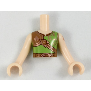 light nougat torso mini doll boy lime shirt with copper leaf on armor pattern light nougat arms with hands with dark orange elves tattoo left