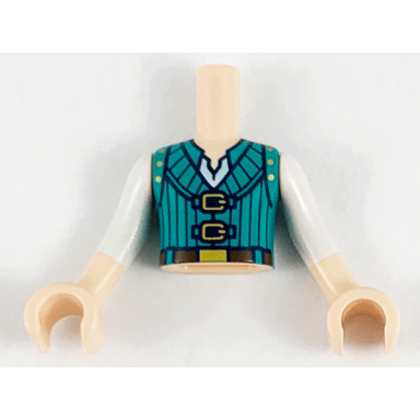 light nougat torso mini doll boy dark turquoise vest with black pinstripes gold buckles pattern light nougat arms with hands with white sleeves