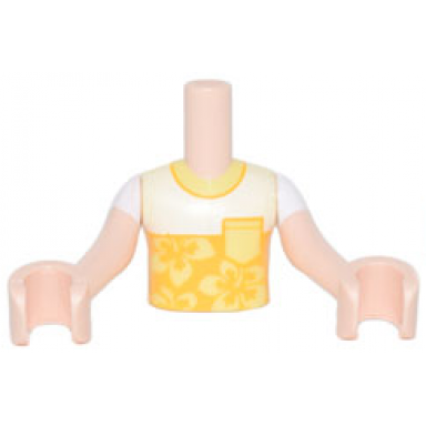light nougat torso mini doll boy white shirt with bright light orange panel and bright light yellow pocket and flowers pattern light nougat arms with hands with white short sleeves