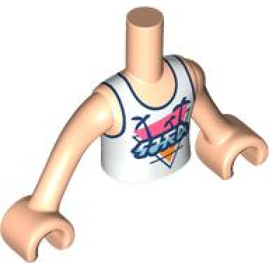light nougat torso mini doll boy white shirt with metallic light blue writing dark blue trim and palm trees pattern nougat arms with hands