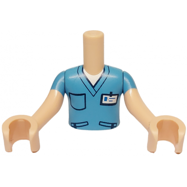 light nougat torso mini doll boy medium blue scrubs top with dark blue pockets and white id badge pattern light nougat arms with hands with medium blue short sleeves