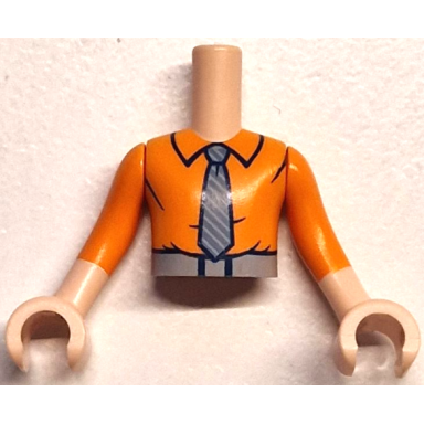 light nougat torso mini doll boy orange shirt with collar belt with black buckle light bluish gray and dark bluish gray striped tie pattern light nougat arms with hands with orange sleeves