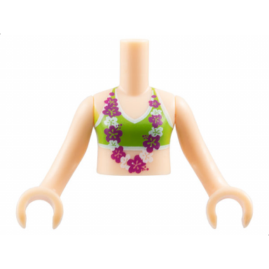 light nougat torso mini doll girl lime bikini top and lei with magenta and white flowers pattern light nougat arms with hands