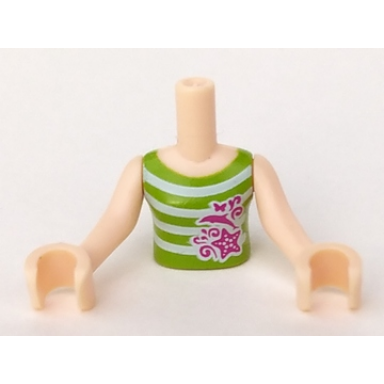 light nougat torso mini doll girl lime top with white stripes and magenta dolphin starfish butterfly and swirls pattern light nougat arms with hands