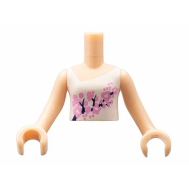 light nougat torso mini doll girl white vest top with bright light pink and black flowers pattern light nougat arms with hands