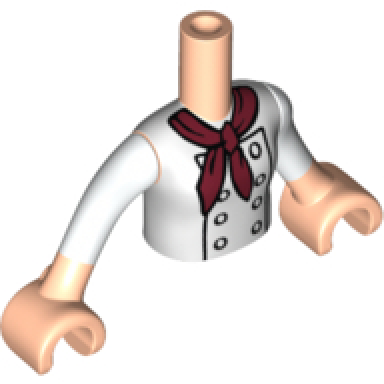 light nougat torso mini doll girl white jacket with 8 buttons and dark red scarf pattern light nougat arms with hands white sleeves