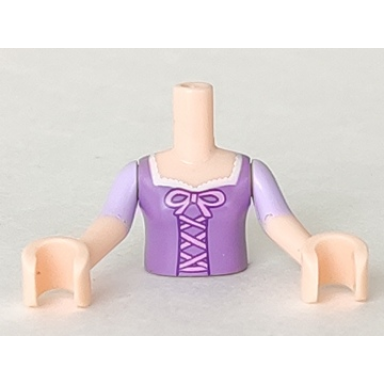 light nougat torso mini doll girl medium lavender top with bright pink lacing and bow pattern light nougat arms with hands with lavender short sleeves