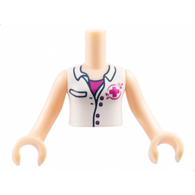 light nougat torso mini doll girl white blouse top with pocket buttons open collar and magenta cross logo over shirt pattern light nougat arms with hands