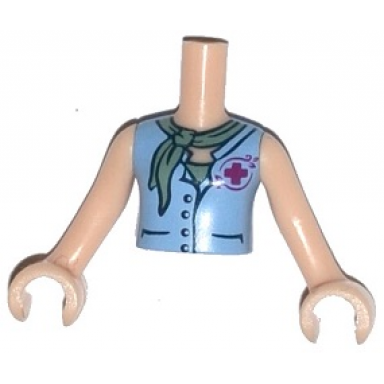 light nougat torso mini doll girl medium blue blouse top with magenta cross logo over sand green shirt and sand green scarf pattern light nougat arms with hands