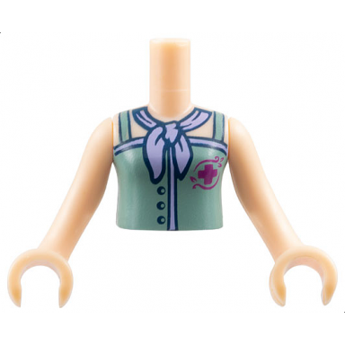 light nougat torso mini doll girl sand green top with magenta cross logo and lavender scarf pattern light nougat arms with hands