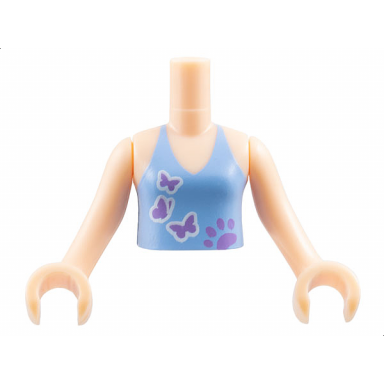 light nougat torso mini doll girl medium blue halter top with medium lavender paw print and butterflies pattern light nougat arms with hands