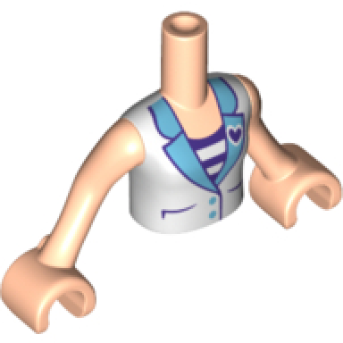 light nougat torso mini doll girl white vest with dark purple heart over white and dark purple striped shirt pattern light nougat arms with hands