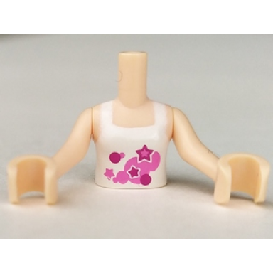 light nougat torso mini doll girl white halter top with dark pink and magenta circles and stars with white outline pattern light nougat arms with hands