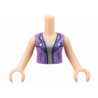 light nougat torso mini doll girl medium lavender open vest with buttons over silver top pattern light nougat arms with hands