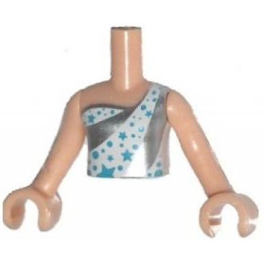 light nougat torso mini doll girl white and silver sleeveless one strap top with medium azure stars and circles pattern light nougat arms with hands