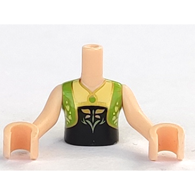 light nougat torso mini doll girl lime vest over black and gold top with flower and necklace pattern light nougat arms with hands
