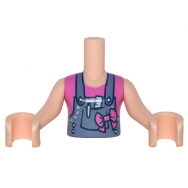 light nougat torso mini doll girl sand blue overalls with ruler and pen in pocket over dark pink sleeveless shirt bow pattern light nougat arms with hands