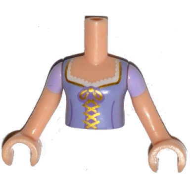 light nougat torso mini doll girl lavender top with gold lacing and bow pattern light nougat arms with hands with lavender short sleeves