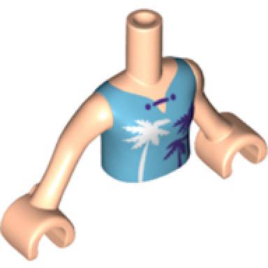 light nougat torso mini doll girl medium azure top with dark purple clasp white and dark purple palm trees pattern light nougat arms with hands