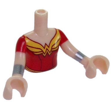 light nougat torso mini doll girl red top with gold wonder woman logo pattern light nougat arms with hands with red short sleeves and silver bracelets