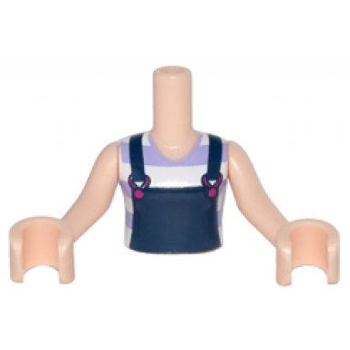 light nougat torso mini doll girl dark blue overalls with magenta buckles over white and lavender striped t-shirt pattern light nougat arms with hands