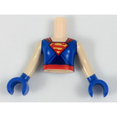 light nougat torso mini doll girl blue top with red cape straps and s symbol and belt pattern light nougat arms with blue hands