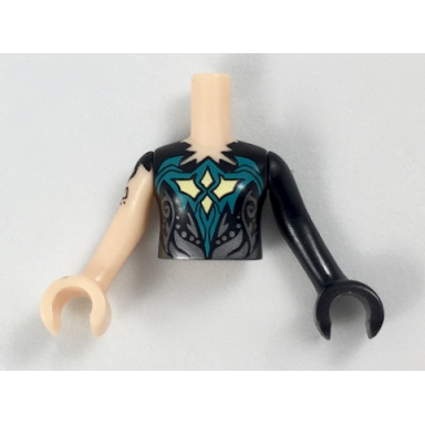 light nougat torso mini doll girl black top jagged neckline pattern black arm with hand left light nougat arm with hand and black tattoo right