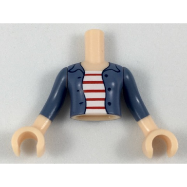 light nougat torso mini doll girl sand blue jacket over white shirt with 5 red stripes pattern light nougat arms with hands with sand blue sleeves