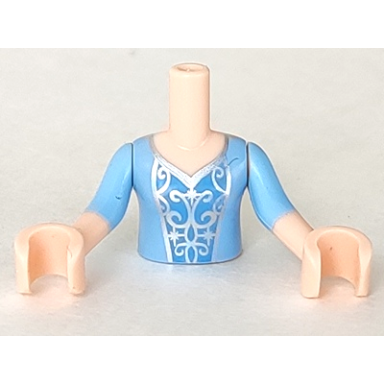 light nougat torso mini doll girl bright light blue top silver scrolls on medium blue inset pattern light nougat arms and hands with bright light blue short sleeves