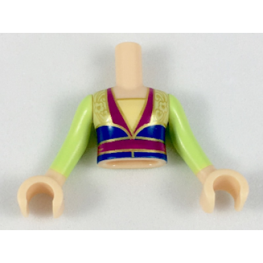 light nougat torso mini doll girl yellowish green top with gold flowers and magenta and dark blue trim pattern light nougat hands with yellowish green sleeves