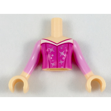 light nougat torso mini doll girl dark pink top with silver stars and white trim pattern light nougat arms with hands with bright pink sleeves