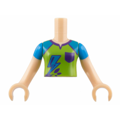 light nougat torso mini doll girl lime top with dark azure lightning dark purple pocket pattern light nougat arms with hands with dark azure sleeves