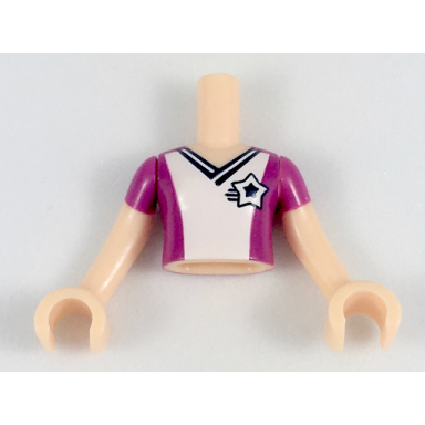 light nougat torso mini doll girl magenta soccer football jersey with white front star logo pattern light nougat arms with hands with magenta sleeves