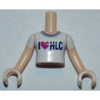light nougat torso mini doll girl white t-shirt with i heart hlc pattern light nougat arms with hands with white short sleeves