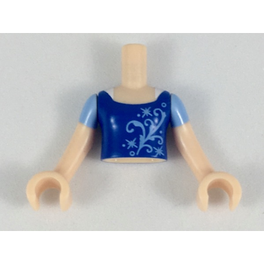 light nougat torso mini doll girl blue top with bright light blue filigree pattern light nougat arms with hands with bright light blue short sleeves
