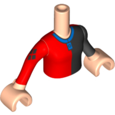 light nougat torso mini doll girl black and red top with blue collar pattern black arm left and red arm right with light nougat hands