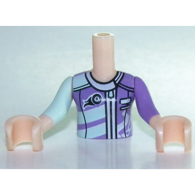 light nougat torso mini doll girl light aqua and medium lavender racing jacket pattern light nougat arms with hands with light aqua right sleeve medium lavender left sleeve