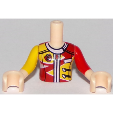 light nougat torso mini doll girl red and yellow racing jacket pattern light nougat arms with hands with yellow right sleeve red left sleeve