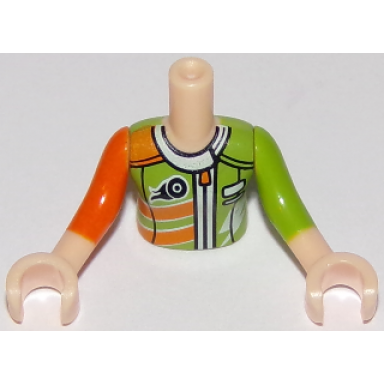 light nougat torso mini doll girl lime and orange racing jacket pattern light nougat arms with hands with orange right sleeve lime left sleeve