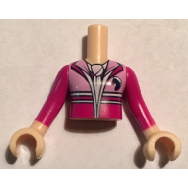 light nougat torso mini doll girl bright pink and magenta jacket with horse head logo white scarf pattern light nougat arms with hands with magenta long sleeves
