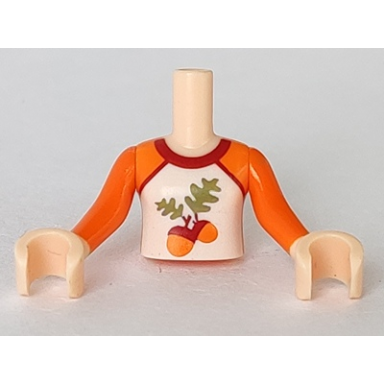 light nougat torso mini doll girl orange shirt with white front and acorns with leaves pattern light nougat arms with hands with orange sleeves