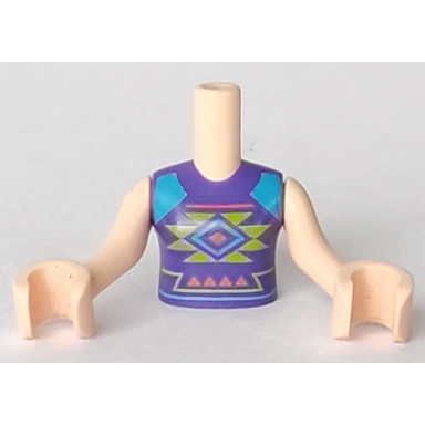 light nougat torso mini doll girl dark purple shirt and dark azure shoulders with orange and lime diamonds and triangles pattern light nougat arms with hands