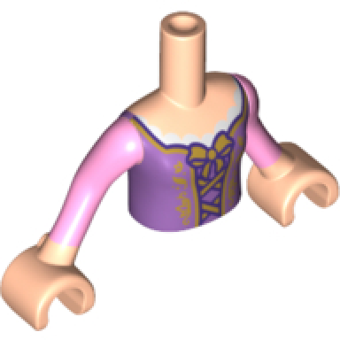 light nougat torso mini doll girl medium lavender top with gold lacing and bow pattern light nougat arms with hands with bright pink sleeves