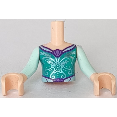 light nougat torso mini doll girl dark turquoise top with silver starfish ornate pattern light nougat arms with hands with light aqua sleeves