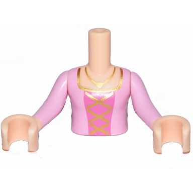 light nougat torso mini doll girl bright pink top dark pink middle with gold lacing pattern light nougat arms with hands with bright pink sleeves